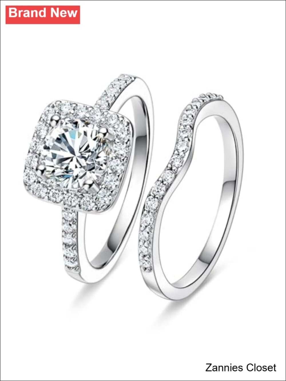 💍 18K White Gold Plated 2-in-1 Halo CZ Engagement Wedding Ring Set